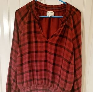 Anthropologie Cloth & Stone Red Black Plaid Top Sz L
